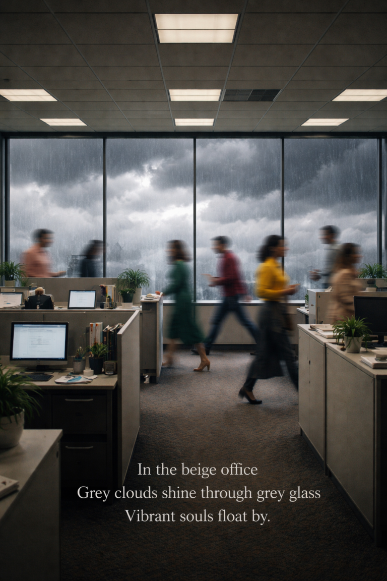 In the beige office Grey clouds shine through grey glass Vibrant souls float by