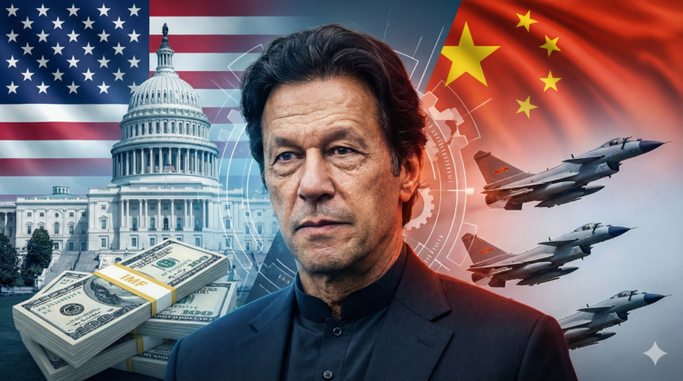 Split image showing Imran Khan arrest geopolitics with US and China flags